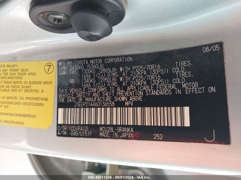 2006 Toyota Highlander V6 VIN: JTEEP21A460136558 Lot: 40013336