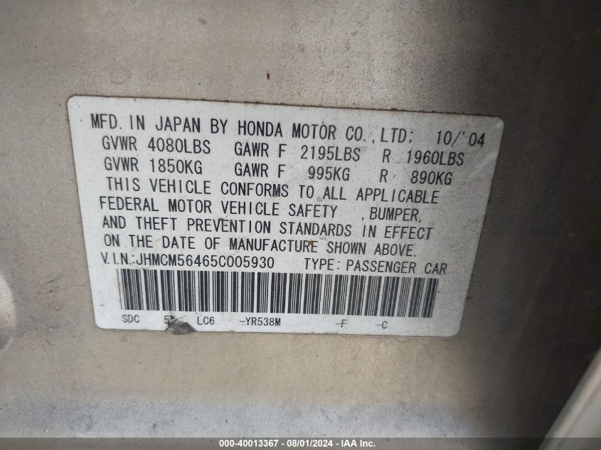 2005 Honda Accord 2.4 Lx VIN: JHMCM56465C005930 Lot: 40013367