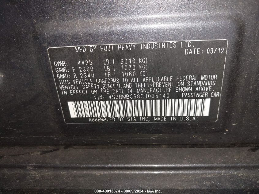 2012 Subaru Legacy 2.5I Premium VIN: 4S3BMBC68C3035140 Lot: 40013374
