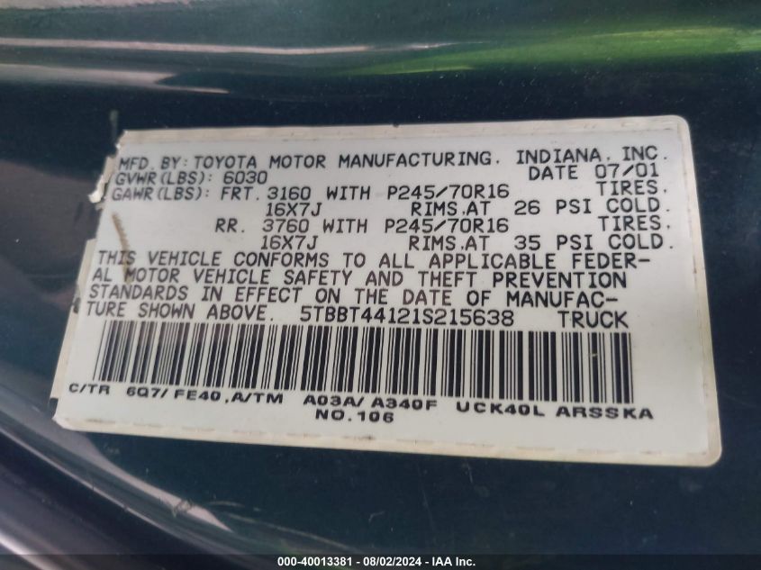 2001 Toyota Tundra Sr5 V8 VIN: 5TBBT44121S215638 Lot: 40013381