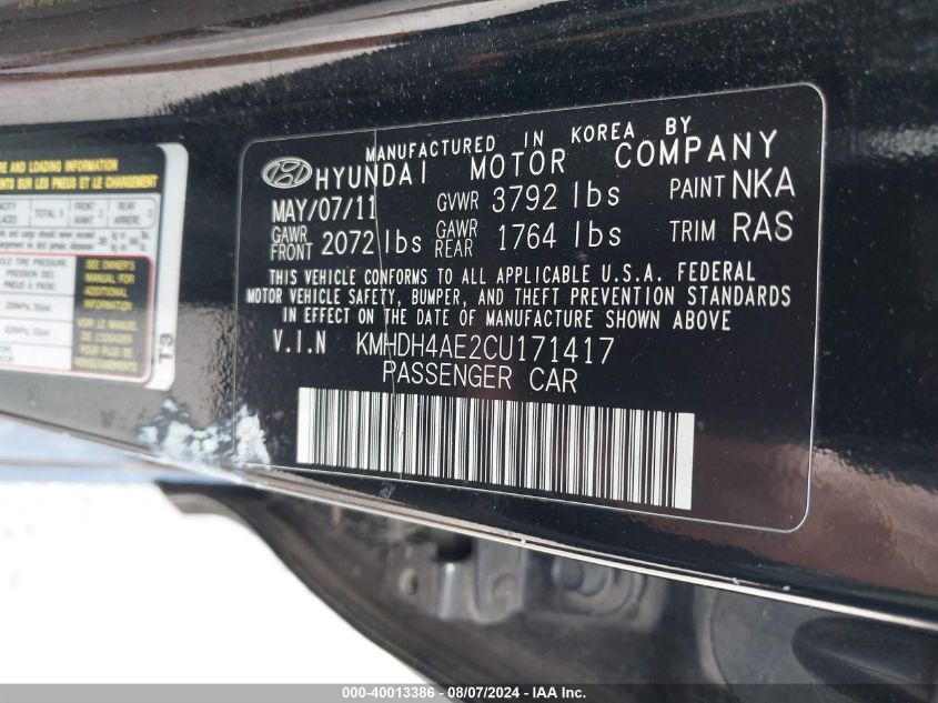 2012 Hyundai Elantra Limited (Ulsan Plant) VIN: KMHDH4AE2CU171417 Lot: 40013386