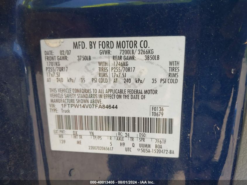 1FTPW14V07FA84644 | 2007 FORD F-150