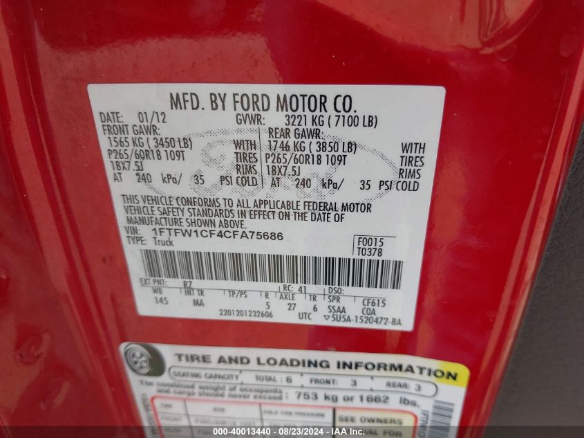 1FTFW1CF4CFA75686 2012 Ford F-150 Xlt