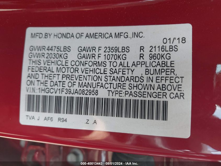 2018 Honda Accord Sport VIN: 1HGCV1F39JA082958 Lot: 40013443