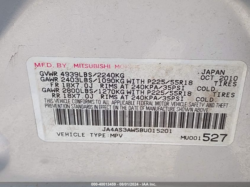 JA4AS3AW5BU015201 2011 Mitsubishi Outlander Se