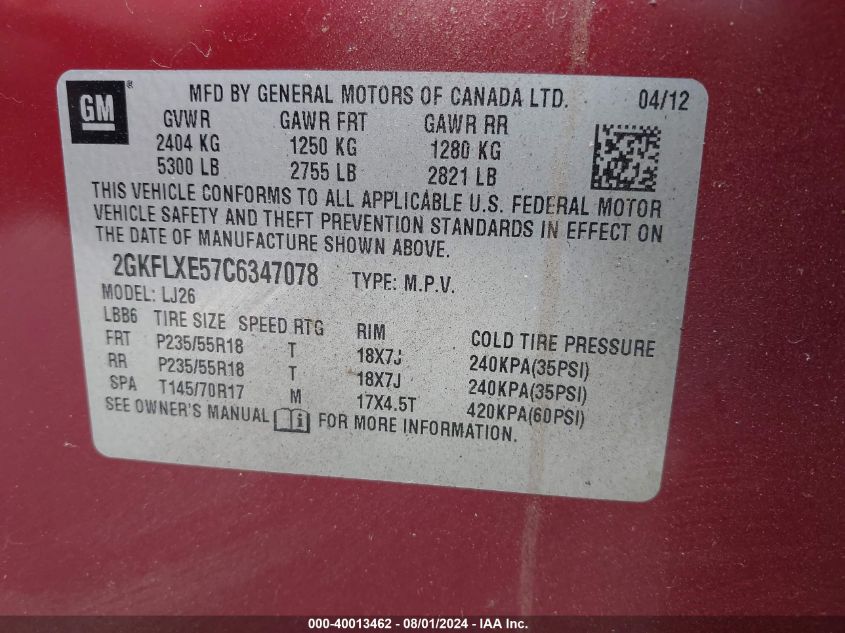 2012 GMC Terrain Slt-2 VIN: 2GKFLXE57C6347078 Lot: 40013462