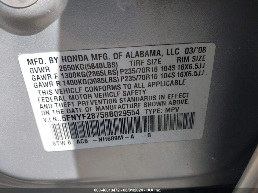 2008 Honda Pilot Ex-L VIN: 5FNYF28758B029554 Lot: 40013472