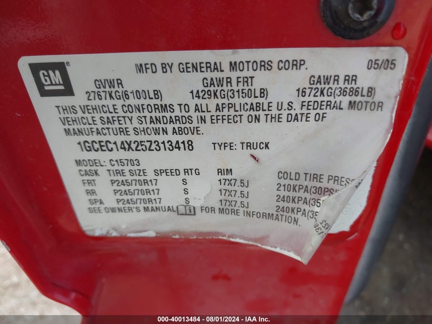 2005 CHEVROLET SILVERADO 1500 VIN: KNAFU4A29B5428481