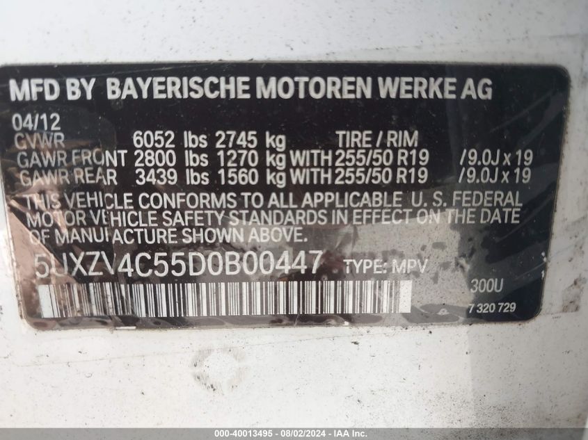 2013 BMW X5 xDrive35I/xDrive35I Premium/xDrive35I Sport Activity VIN: 5UXZV4C55D0B00447 Lot: 40013495