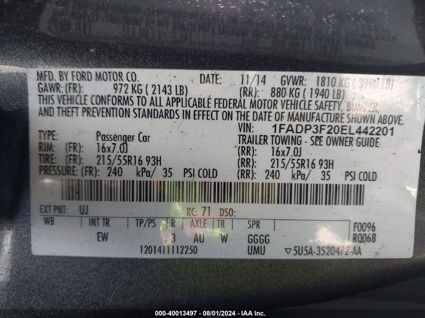 2014 FORD FOCUS SE - 1FADP3F20EL442201