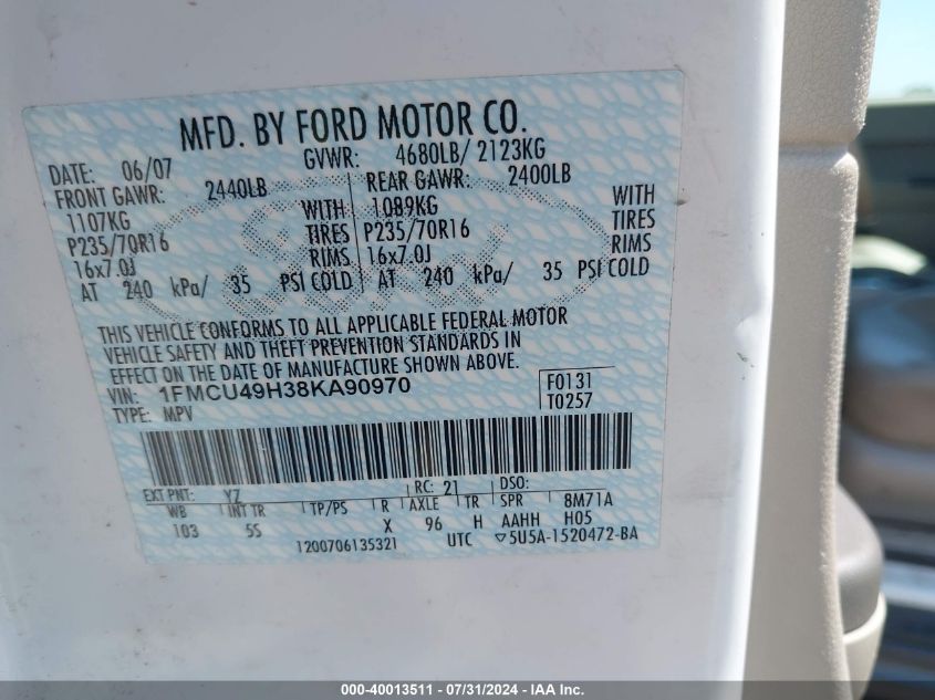 2008 Ford Escape Hybrid VIN: 1FMCU49H38KA90970 Lot: 40013511