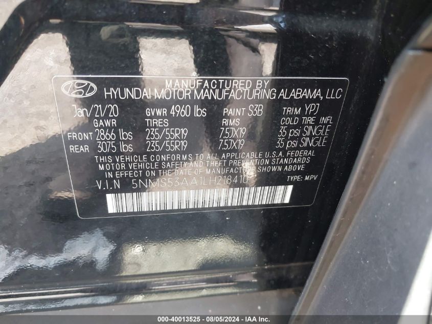 2020 Hyundai Santa Fe Limited 2.0T VIN: 5NMS53AA1LH218410 Lot: 40013525