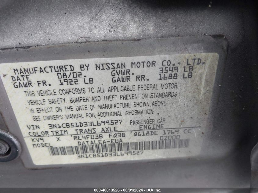 2003 Nissan Sentra Gxe VIN: 3N1CB51D33L699527 Lot: 40013526