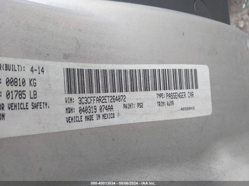 2014 Fiat 500 Pop VIN: 3C3CFFAR2ET264072 Lot: 40013534