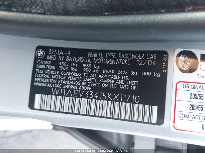 2005 BMW 325I VIN: WBAEV33415KX11710 Lot: 40013575