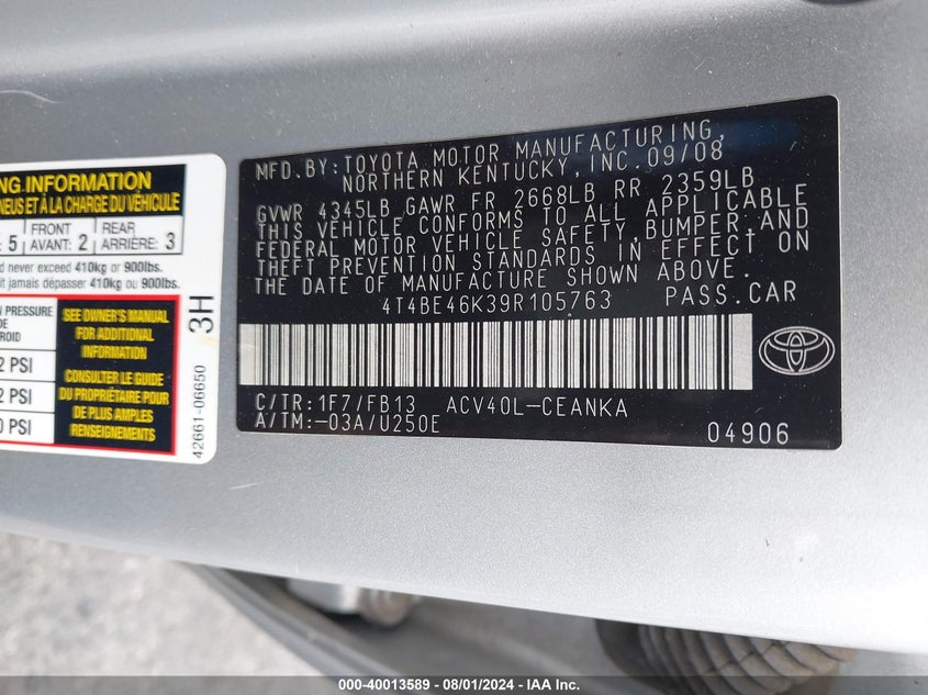 2009 Toyota Camry Le VIN: 4T4BE46K39R105763 Lot: 40013589
