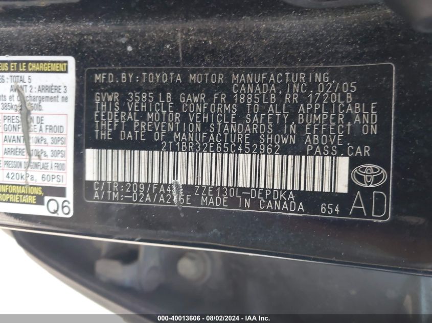 2005 Toyota Corolla Ce VIN: 2T1BR32E65C452962 Lot: 40013606