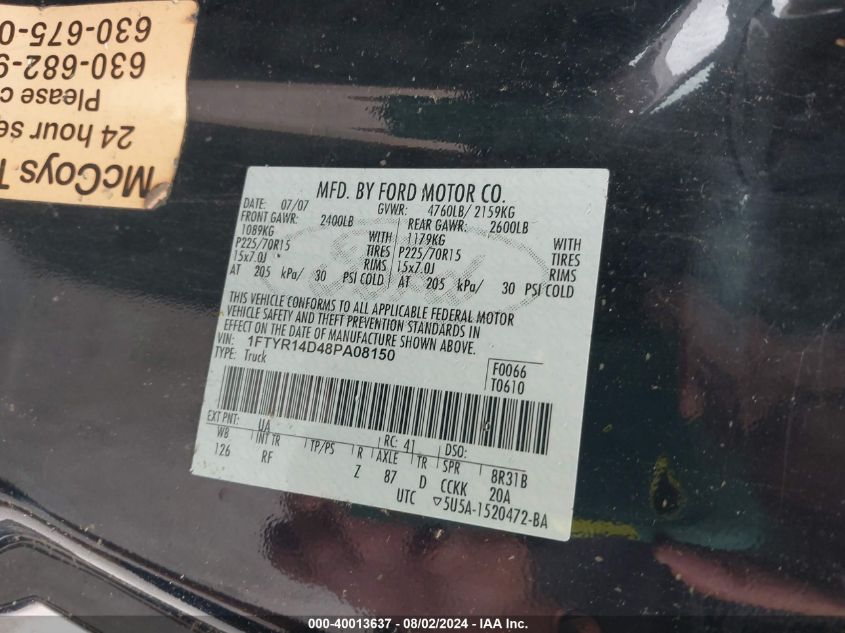 2008 Ford Ranger Xl/Xlt VIN: 1FTYR14D48PA08150 Lot: 40013637