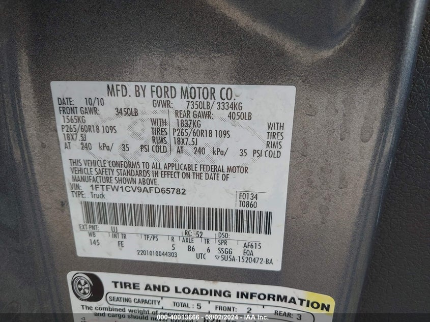 2010 Ford F150 Supercrew VIN: 1FTFW1CV9AFD65782 Lot: 40013666