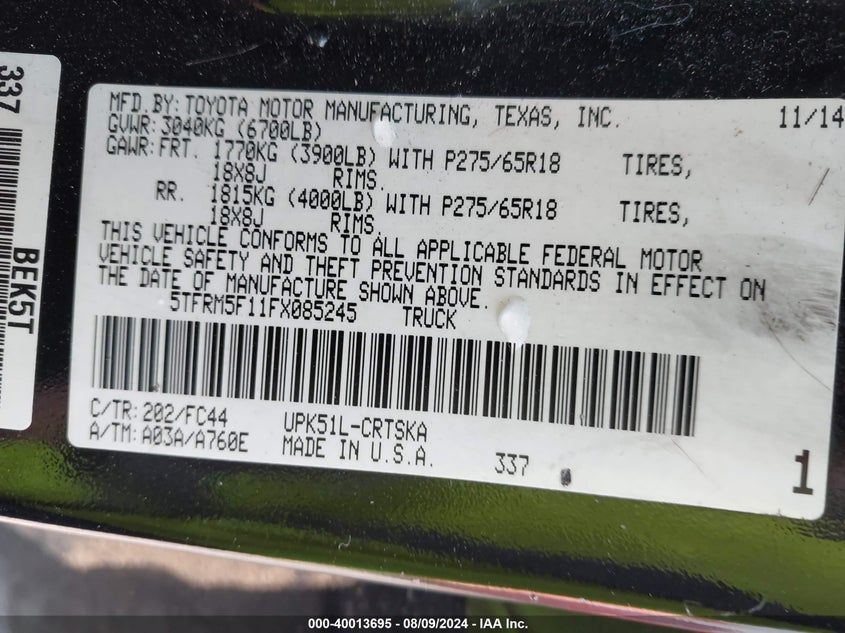2015 TOYOTA TUNDRA VIN: 4T1BD1FK1CU020133
