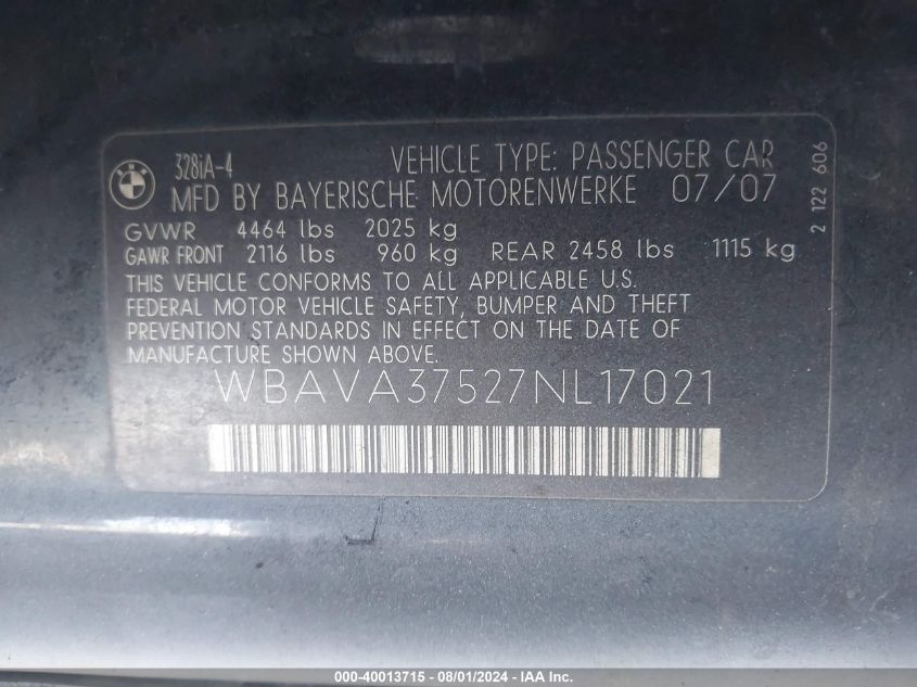 2007 BMW 328I VIN: WBAVA37527NL17021 Lot: 40013715