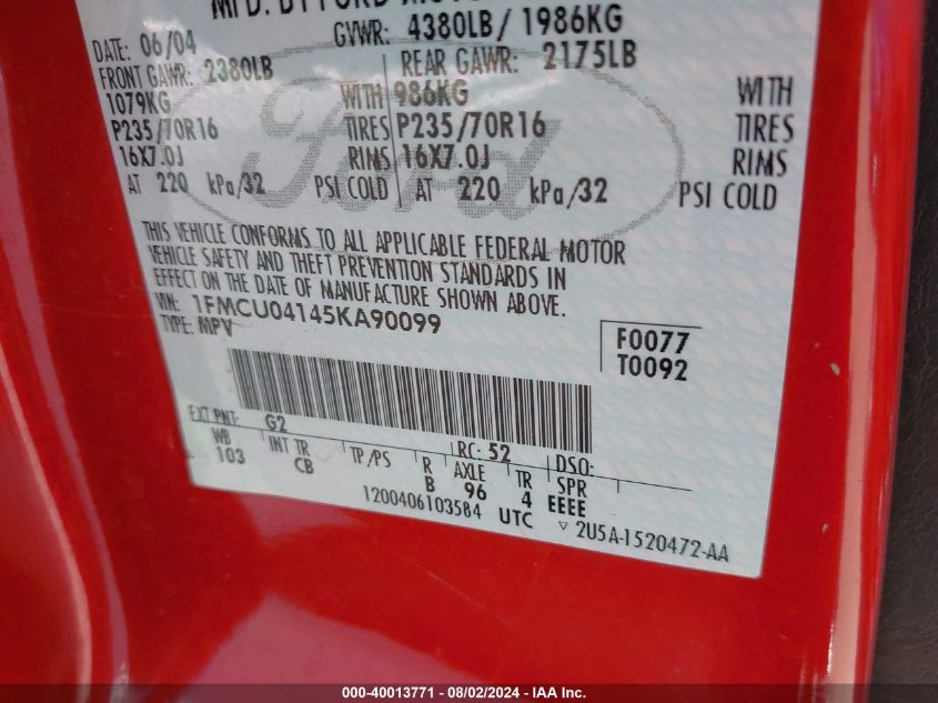 2005 Ford Escape Limited VIN: 1FMCU04145KA90099 Lot: 40013771