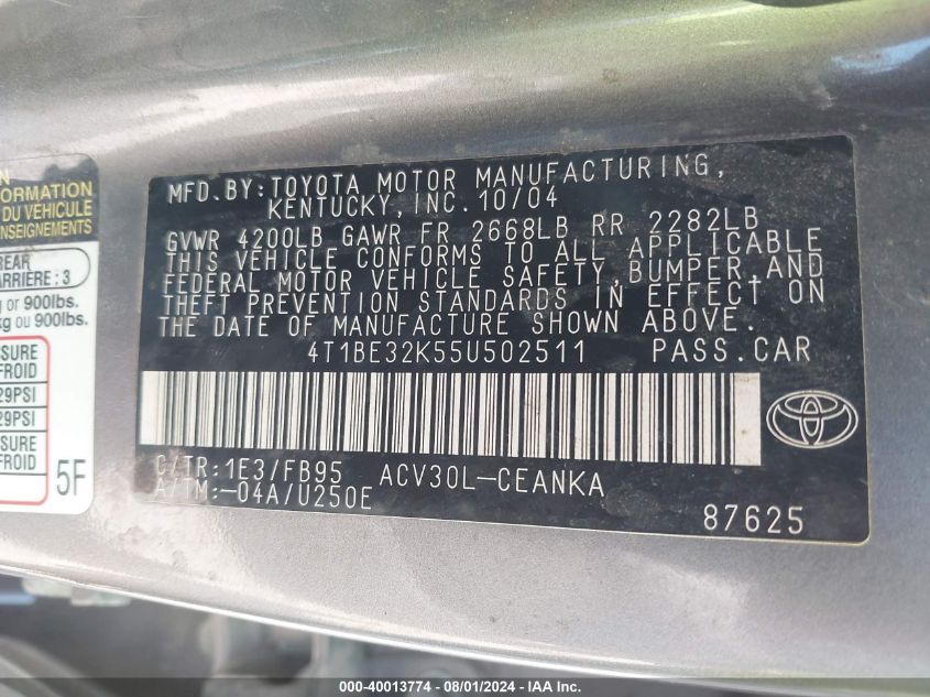 2005 Toyota Camry Le VIN: 4T1BE32K55U502511 Lot: 40013774