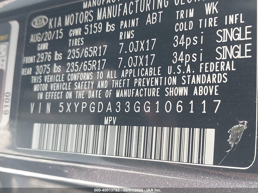 2016 KIA SORENTO VIN: 2T1BURHE6EC081505