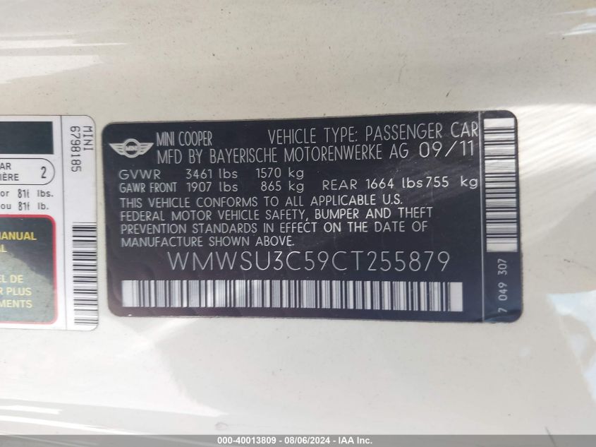 2012 Mini Cooper VIN: WMWSU3C59CT255879 Lot: 40013809
