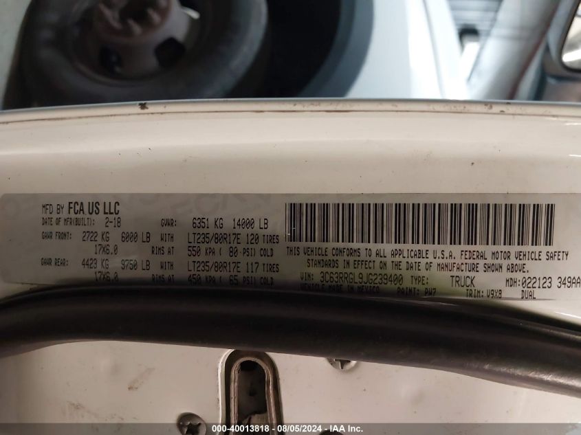 2018 Ram 3500 Tradesman 4X4 8' Box VIN: 3C63RRGL9JG239400 Lot: 40013818