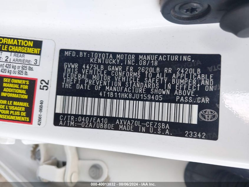 4T1B11HK8JU159405 2018 Toyota Camry Se