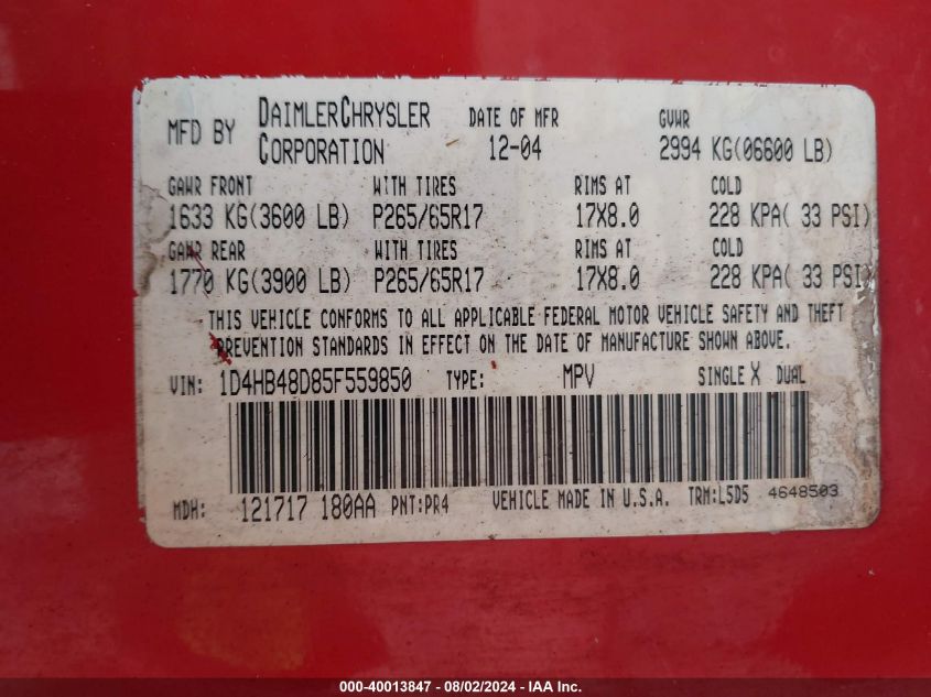 2005 Dodge Durango Slt VIN: 1D4HB48D85F559850 Lot: 40013847