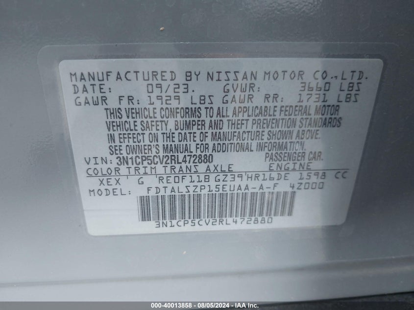 2024 Nissan Kicks Sv VIN: 3N1CP5CV2RL472880 Lot: 40013858