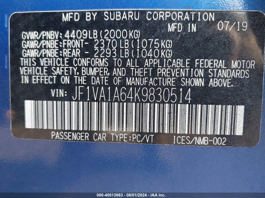 2019 SUBARU WRX - JF1VA1A64K9830514