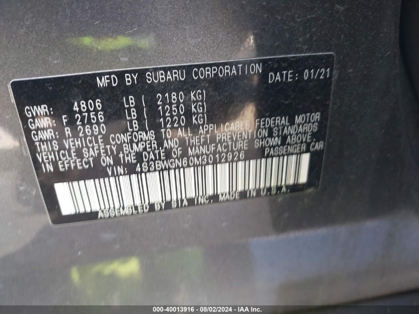 4S3BWGN60M3012926 2021 Subaru Legacy Limited Xt