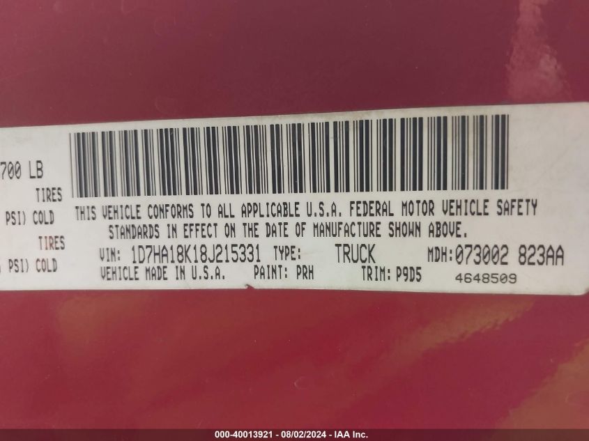 2008 Dodge Ram 1500 St/Sxt VIN: 1D7HA18K18J215331 Lot: 40013921