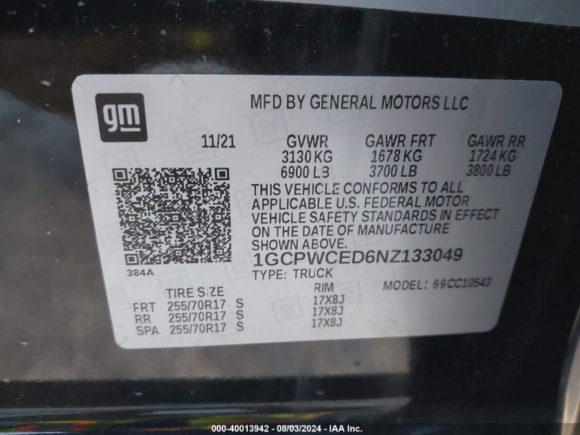 2022 Chevrolet Silverado Ltd C1500 Lt VIN: 1GCPWCED6NZ133049 Lot: 40013942