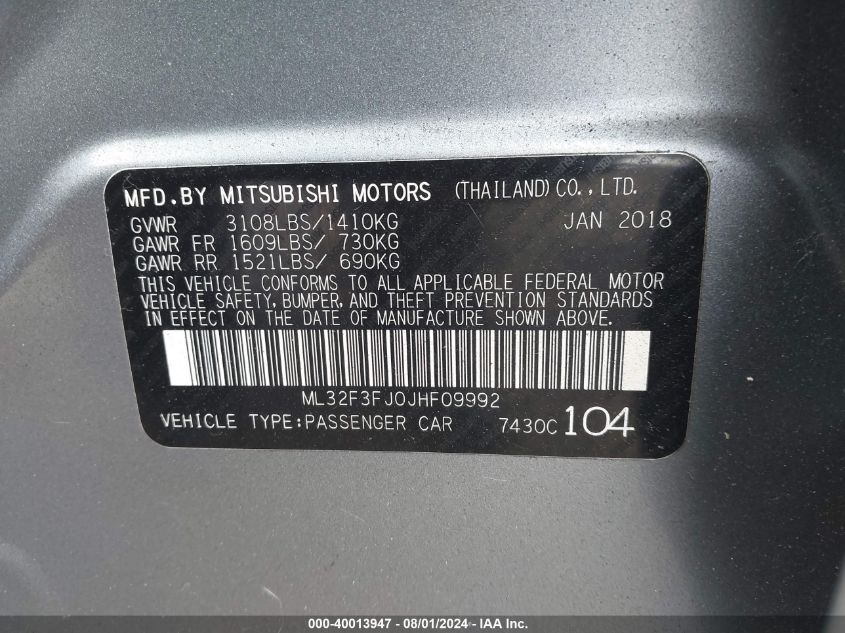 2018 Mitsubishi Mirage G4 Es VIN: ML32F3FJ0JHF09992 Lot: 40013947