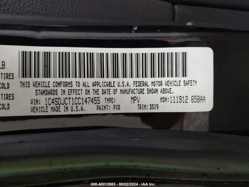 2012 Dodge Durango R/T VIN: 1C4SDJCT1CC147455 Lot: 40013983