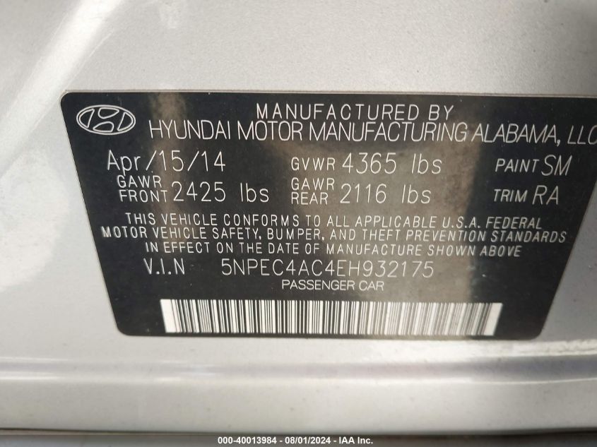 2014 HYUNDAI SONATA SE - 5NPEC4AC4EH932175