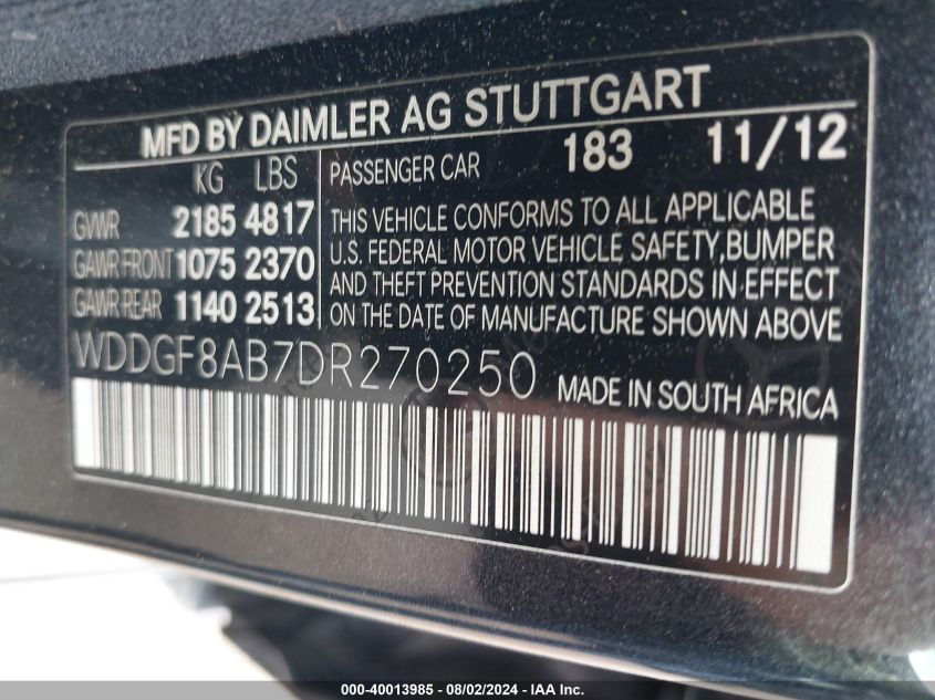 2013 Mercedes-Benz C 300 Luxury 4Matic/Sport 4Matic VIN: WDDGF8AB7DR270250 Lot: 40013985