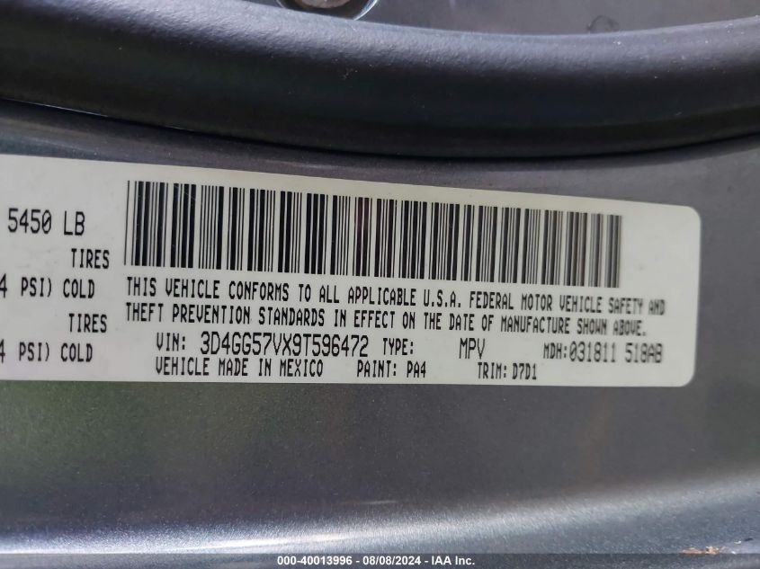 2009 Dodge Journey Sxt VIN: 3D4GG57VX9T596472 Lot: 40013996