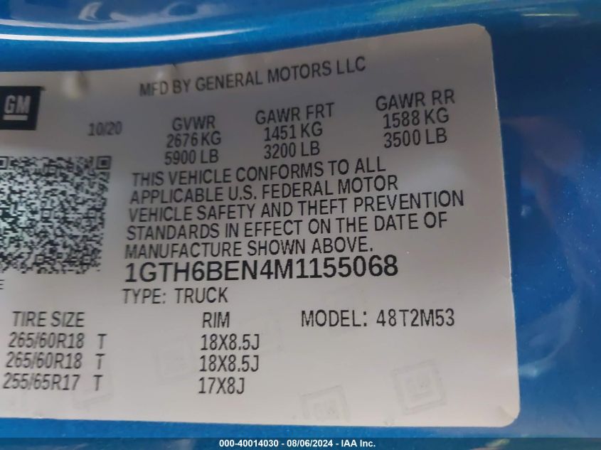 2021 GMC Canyon 4Wd Elevation Standard VIN: 1GTH6BEN4M1155068 Lot: 40014030