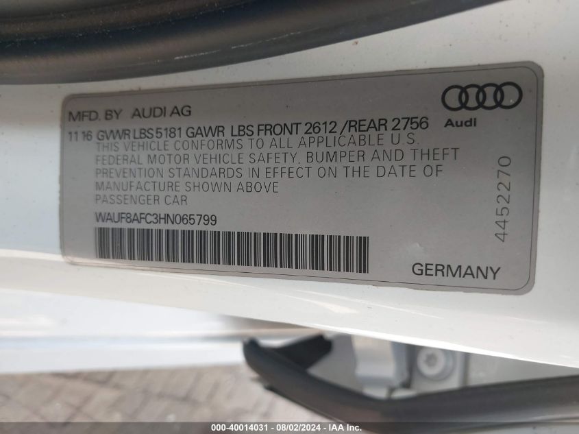 2017 Audi A6 2.0T Premium VIN: WAUF8AFC3HN065799 Lot: 40014031