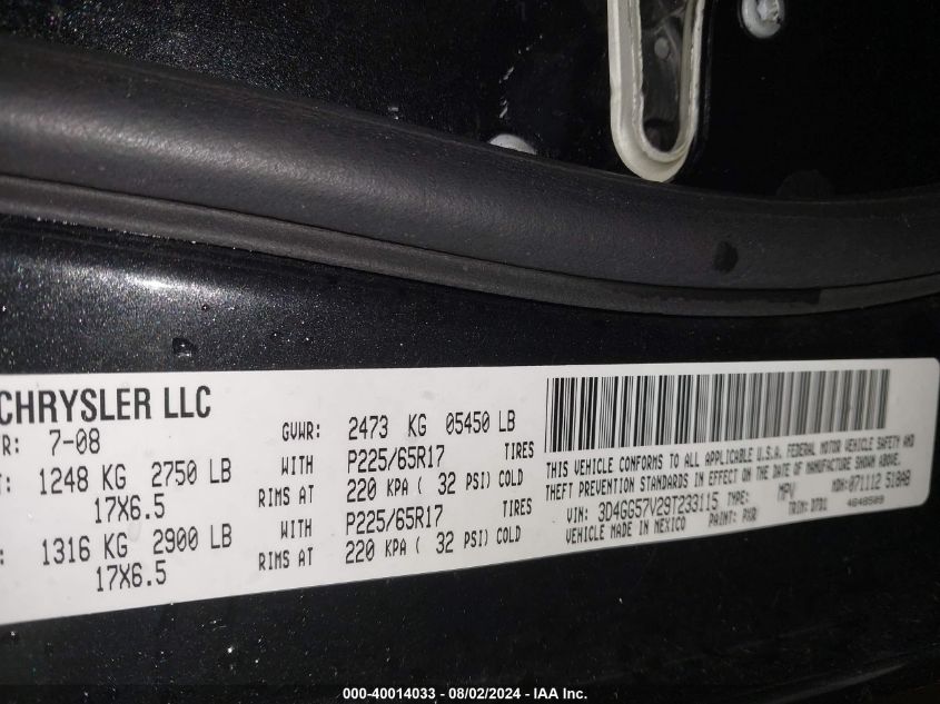 2009 Dodge Journey Sxt VIN: 3D4GG57V29T233115 Lot: 40014033