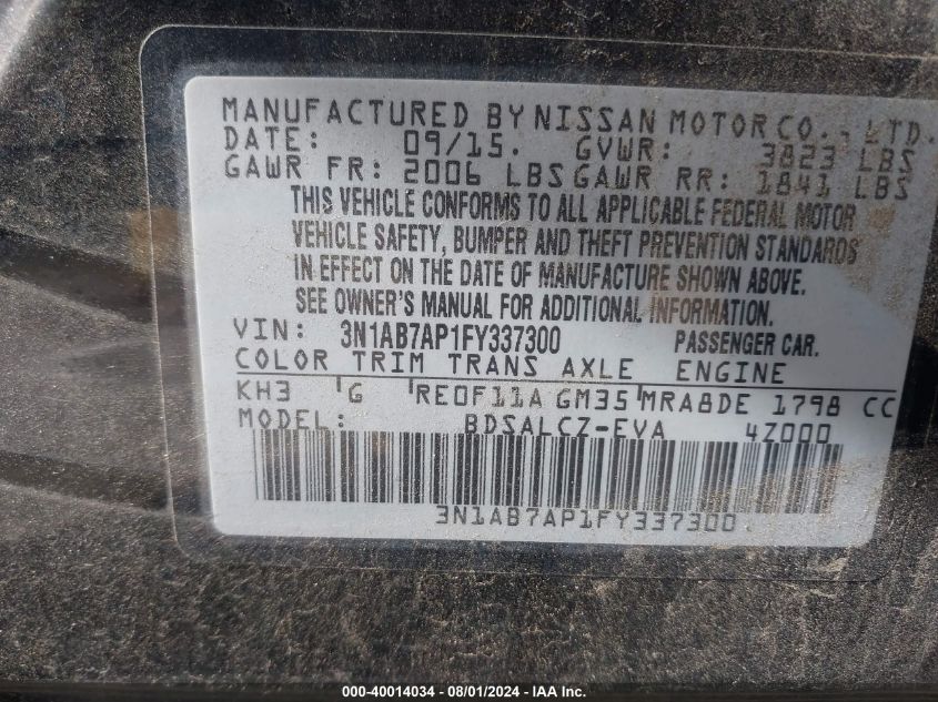 3N1AB7AP1FY337300 2015 Nissan Sentra S