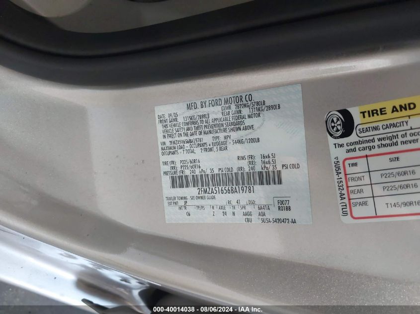 2006 Ford Freestar Se VIN: 2FMZA51656BA19781 Lot: 40014038