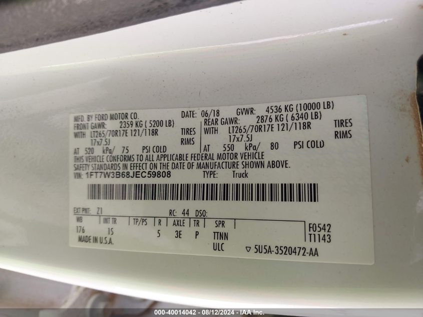 2018 Ford F-350 Xl VIN: 1FT7W3B68JEC59808 Lot: 40014042