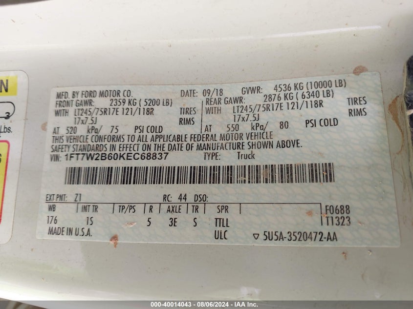 2019 Ford F-250 Xl VIN: 1FT7W2B60KEC68837 Lot: 40014043