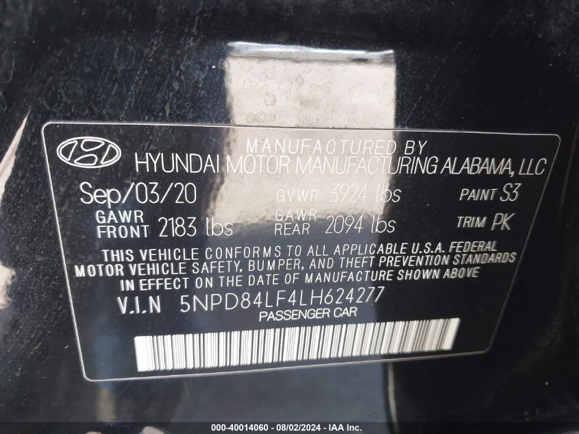 2020 Hyundai Elantra Sel VIN: 5NPD84LF4LH624277 Lot: 40014060